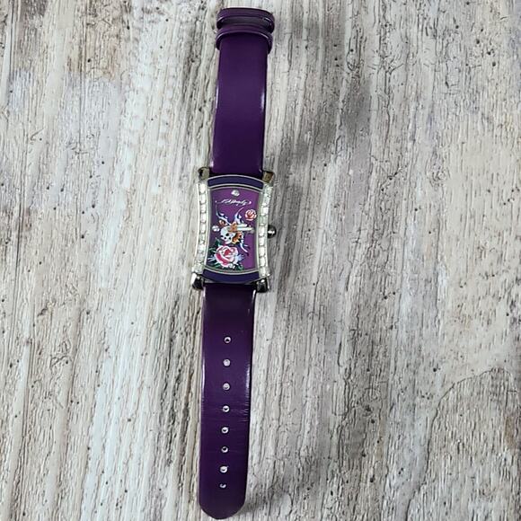 Ed Hardy Quartz Skull Butterfly Rose Leather Purple Watch Japanese Mvmt 3ATM HTF - Picture 12 of 16
